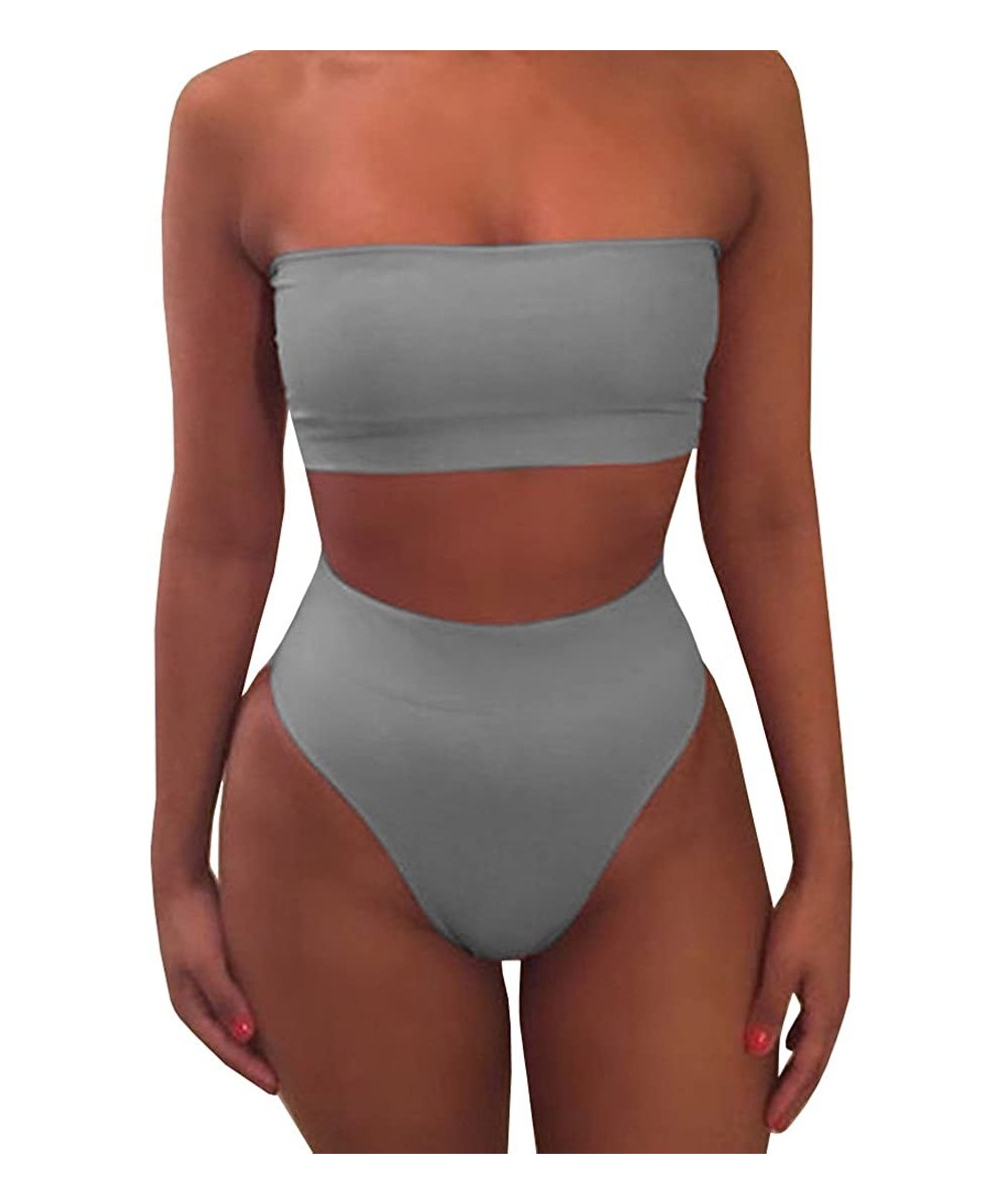 Womens Sexy High Waisted Bikini 2 Piece Bandeau Swimsuit Top Cheeky Bottoms Set - A-grey - CI189SMT9R0 $19.84-Sets