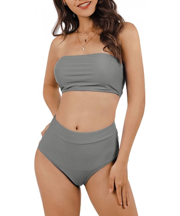 Womens Sexy High Waisted Bikini 2 Piece Bandeau Swimsuit Top Cheeky Bottoms Set - A-grey - CI189SMT9R0 $19.84-Sets