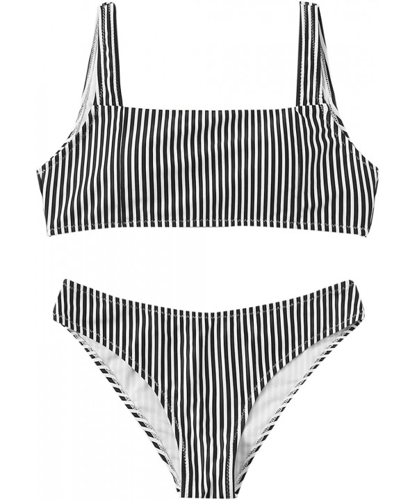 Women's Swimwear Set Solid Scoop Neck High Waisted Bikini Swimsuits - Stripe-black - CP194LI4M32 $17.15-Sets