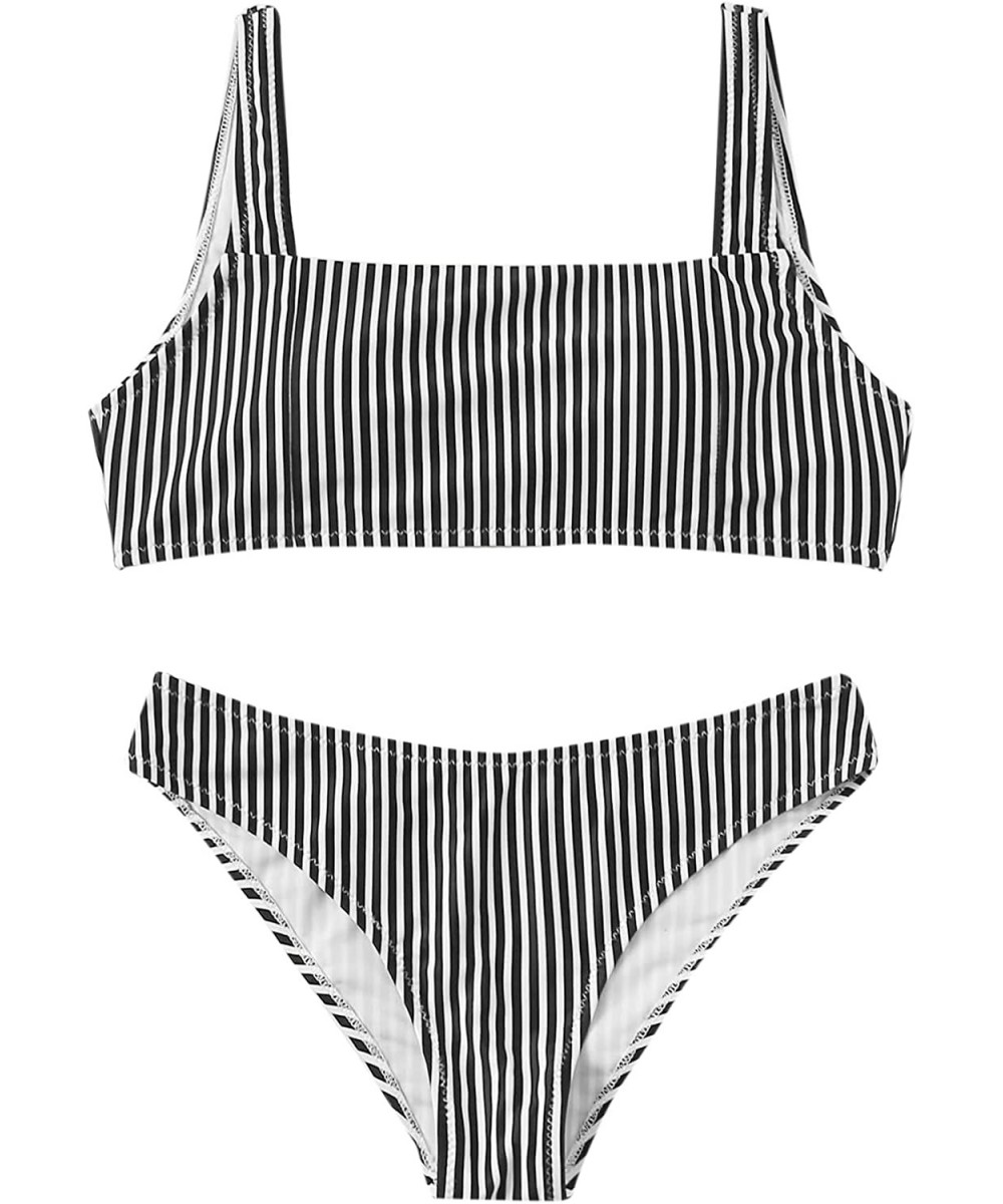 Women's Swimwear Set Solid Scoop Neck High Waisted Bikini Swimsuits - Stripe-black - CP194LI4M32 $17.15-Sets