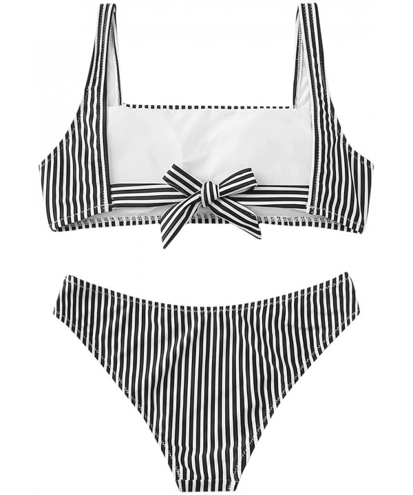 Women's Swimwear Set Solid Scoop Neck High Waisted Bikini Swimsuits - Stripe-black - CP194LI4M32 $17.15-Sets