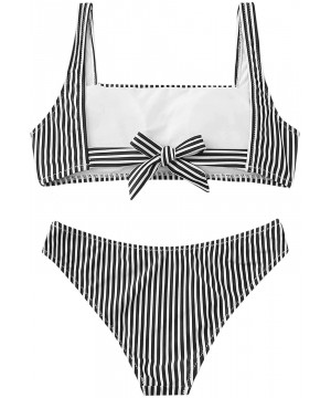 Women's Swimwear Set Solid Scoop Neck High Waisted Bikini Swimsuits - Stripe-black - CP194LI4M32 $17.15-Sets