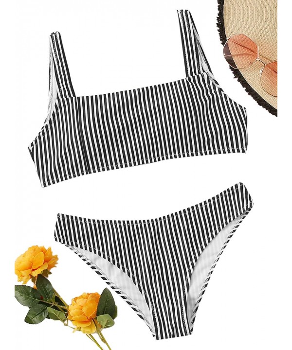 Women's Swimwear Set Solid Scoop Neck High Waisted Bikini Swimsuits - Stripe-black - CP194LI4M32 $17.15-Sets