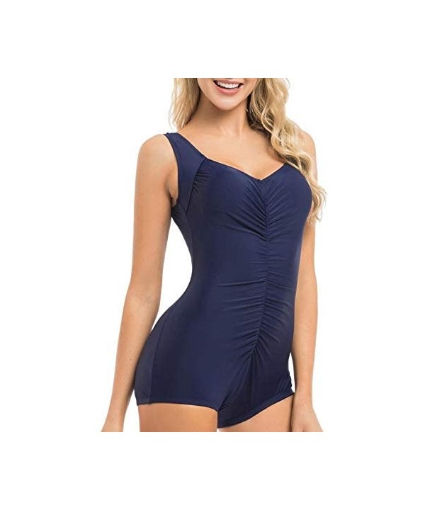 Women's One Piece Bathing Suit Front Shirred Tummy Control Swimsuit Scoop Back Swimwear - Navy - CY18NOSC6NA $17.15-One-Pieces