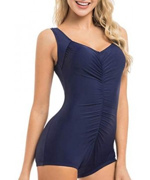 Women's One Piece Bathing Suit Front Shirred Tummy Control Swimsuit Scoop Back Swimwear - Navy - CY18NOSC6NA $17.15-One-Pieces