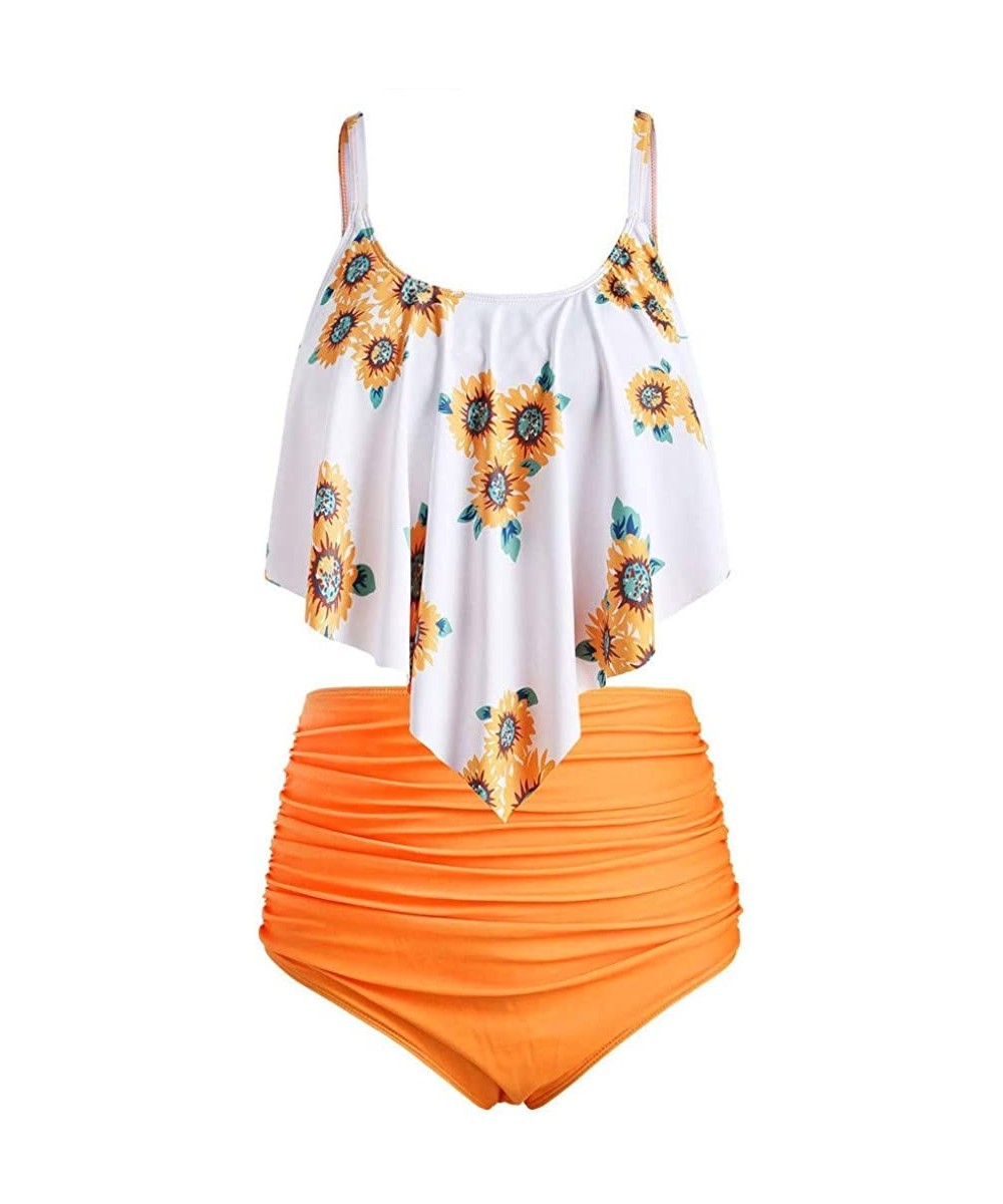 Women Two Pieces Bathing Top Ruffled with High Waisted Bottom Bikini Set - CT196EZMOAW $17.68-Sets