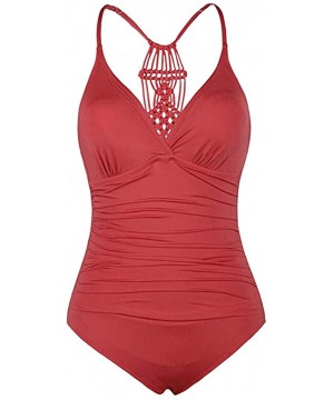 Women's Shirred Halter One Piece Swimsuits Macrame Back Swimwear Tummy Control Bathing Suit - Pink - CT18NGA09RY $21.59-One-P...