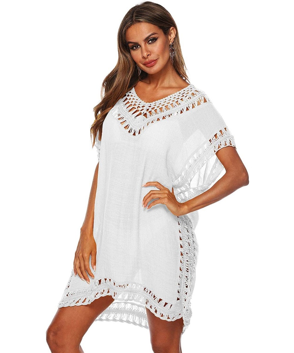 Women's Hollow Out Swimsuit Cover Ups Mesh Beach Crochet Chiffon Tassel Bathing Suit Bikini Wear Coverups Dress White - CG195...