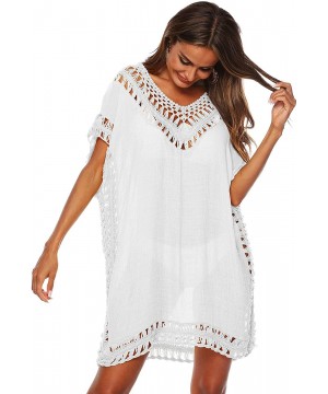 Women's Hollow Out Swimsuit Cover Ups Mesh Beach Crochet Chiffon Tassel Bathing Suit Bikini Wear Coverups Dress White - CG195...