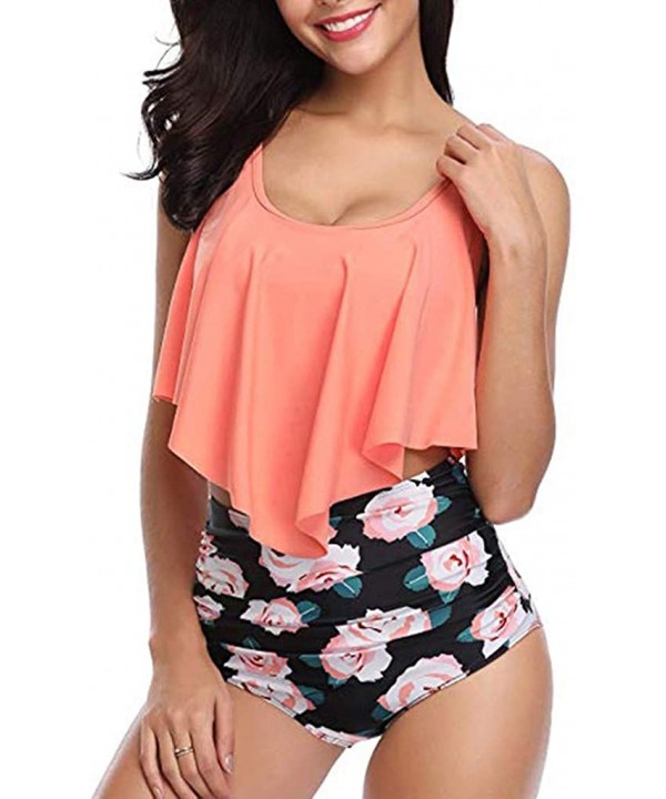 Swimsuits for Women Two Pieces Bathing Suits Top Ruffled Racerback High Waisted Bottom Tankini Set Swimwear Z orange - CL194S...