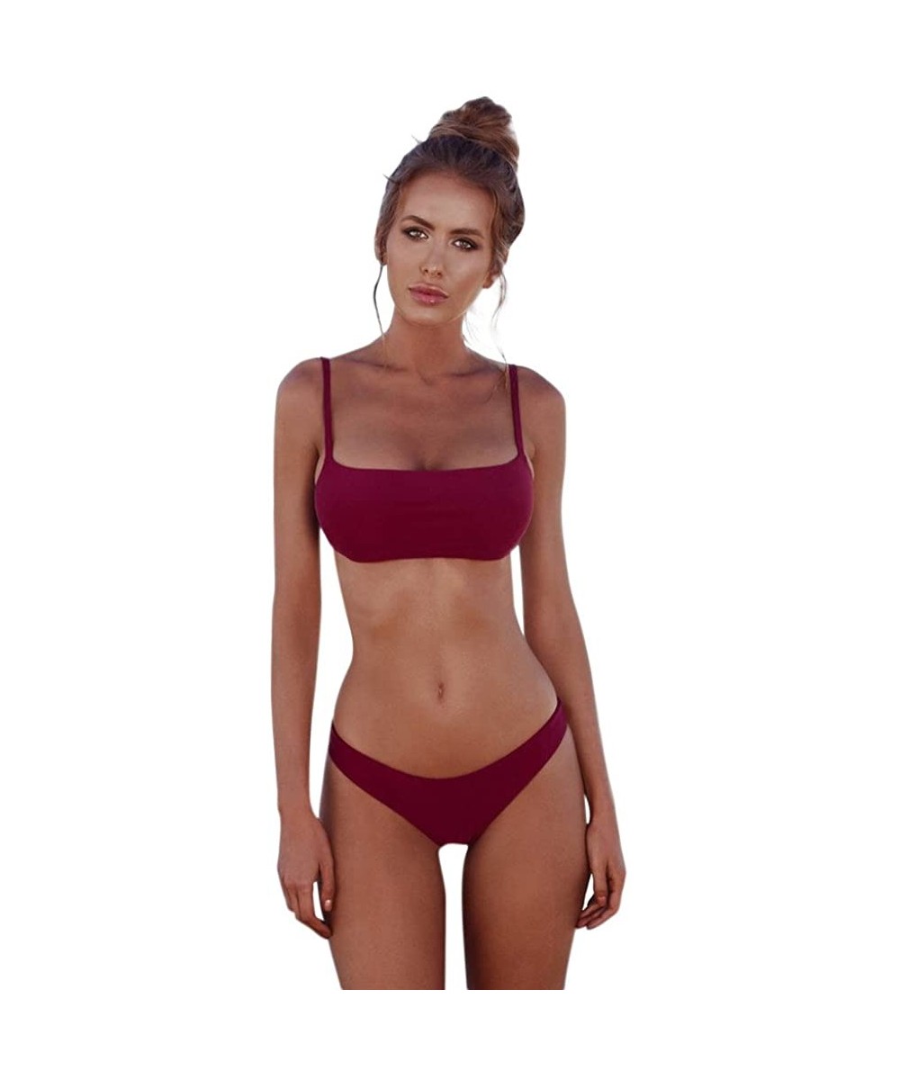 Women Swimsuit Bandeau Halter Bandage Bikini Set Push-Up Brazilian Swimwear Beachwear - Wine Red - CJ194DWNL78 $9.83-Sets