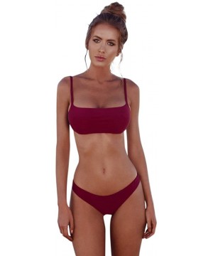 Women Swimsuit Bandeau Halter Bandage Bikini Set Push-Up Brazilian Swimwear Beachwear - Wine Red - CJ194DWNL78 $9.83-Sets