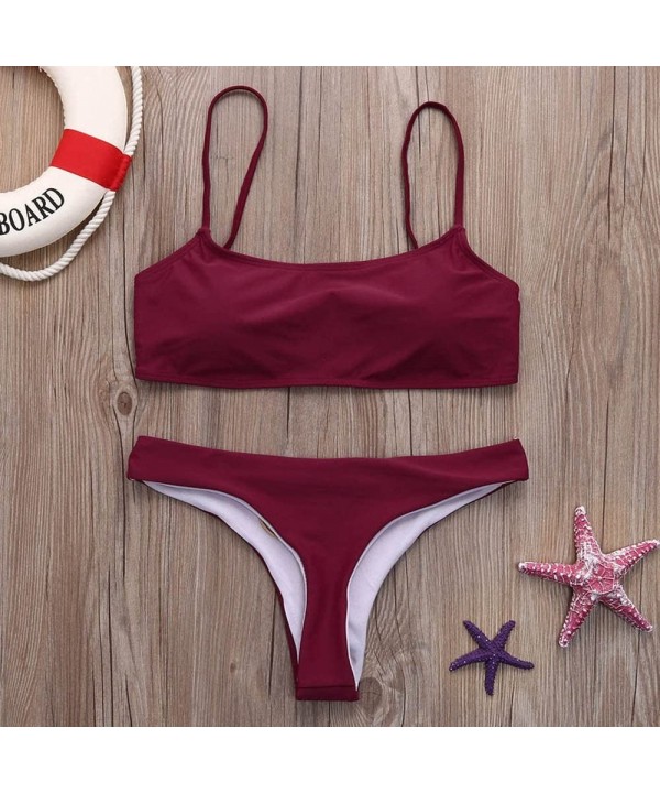 Women Swimsuit Bandeau Halter Bandage Bikini Set Push-Up Brazilian Swimwear Beachwear - Wine Red - CJ194DWNL78 $9.83-Sets