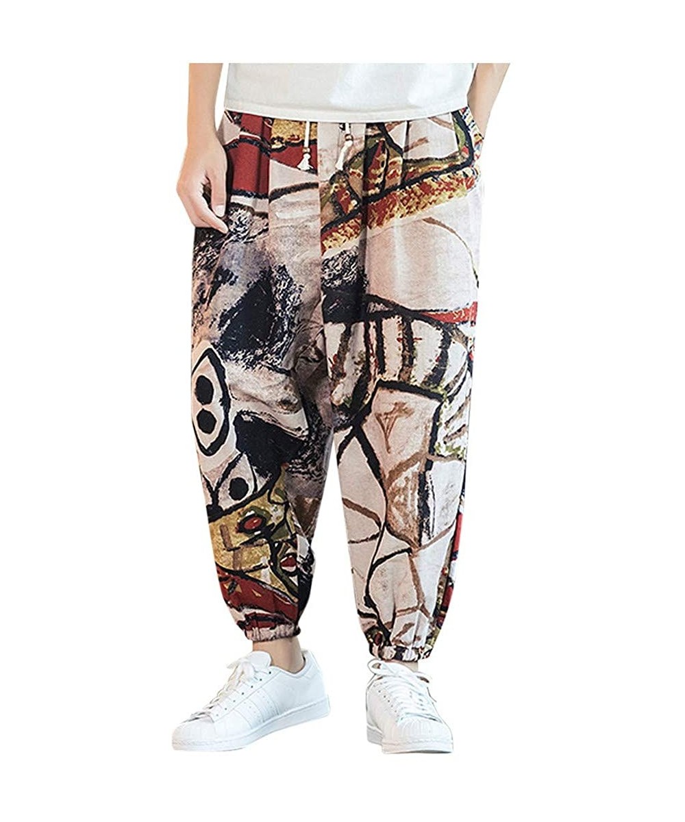 Men Casual Cotton Linen Loose Ankle-Length Pants Vintage Printing Lightweight Baggy Harem Pants - Brown - C718WM4YNH7 $25.85-...