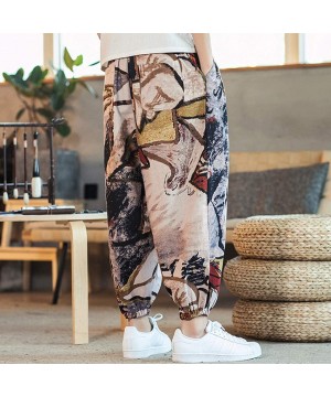 Men Casual Cotton Linen Loose Ankle-Length Pants Vintage Printing Lightweight Baggy Harem Pants - Brown - C718WM4YNH7 $25.85-...