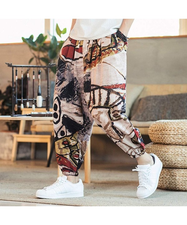 Men Casual Cotton Linen Loose Ankle-Length Pants Vintage Printing Lightweight Baggy Harem Pants - Brown - C718WM4YNH7 $25.85-...