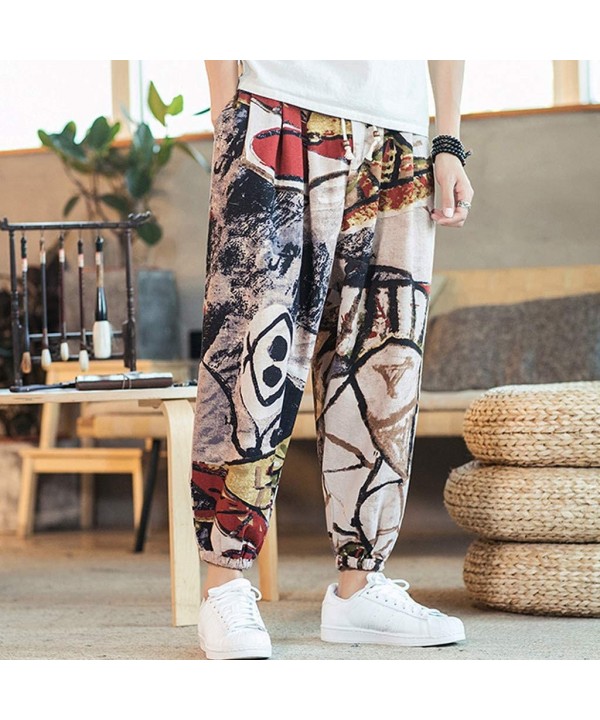 Men Casual Cotton Linen Loose Ankle-Length Pants Vintage Printing Lightweight Baggy Harem Pants - Brown - C718WM4YNH7 $25.85-...