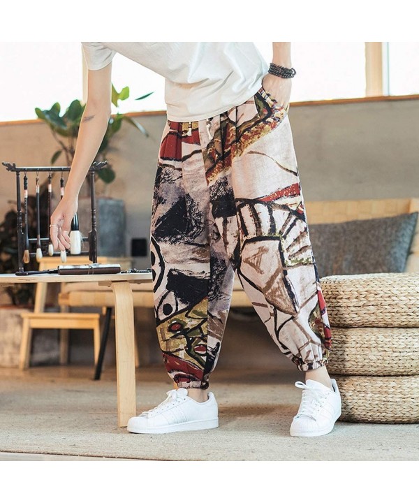 Men Casual Cotton Linen Loose Ankle-Length Pants Vintage Printing Lightweight Baggy Harem Pants - Brown - C718WM4YNH7 $25.85-...