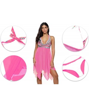 Swimsuits for Women- Tankini Swimwear 2 PCs Set Bohemian Pattern Irregular Sheer Hem Deep V-Neck with Bottoms Padded - Pink -...