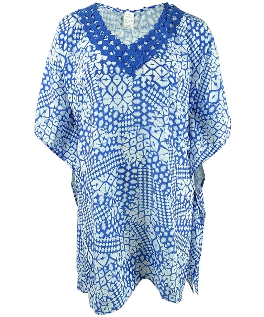 Women's Embroidered V-Neck Tunic Swimsuit Cover Up - Diamond Batik Multi Blue - CP18H3EI48Y $30.14-Cover-Ups