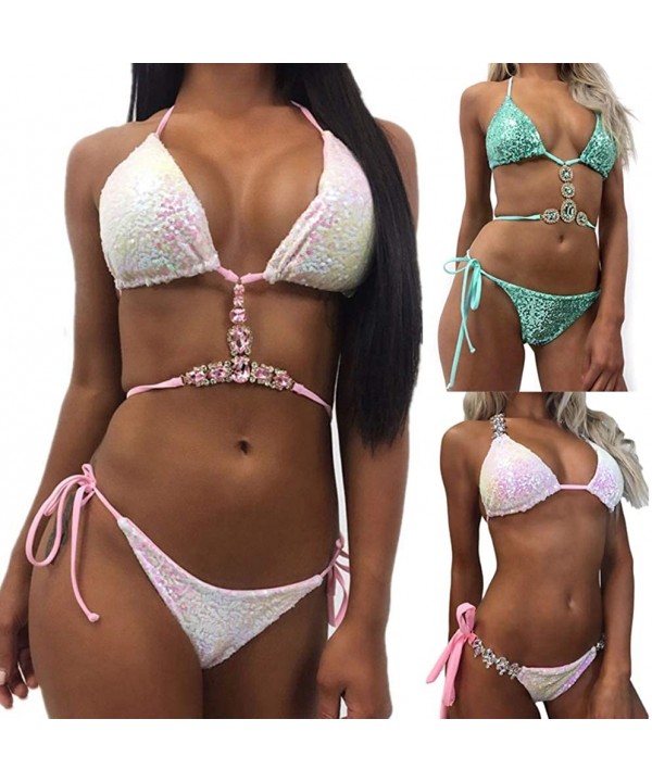 Sexy Sequins Rhinestone Bra Briefs Bikini Set Women Summer Swimwear Bathing Suit - Pink S - Greenl - CD198XZQ4MQ $20.41-Sets