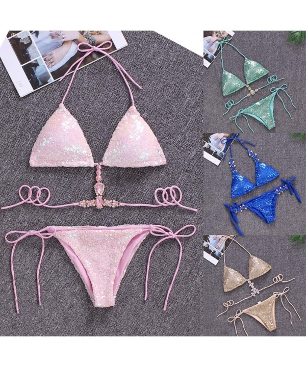 Sexy Sequins Rhinestone Bra Briefs Bikini Set Women Summer Swimwear Bathing Suit - Pink S - Greenl - CD198XZQ4MQ $20.41-Sets