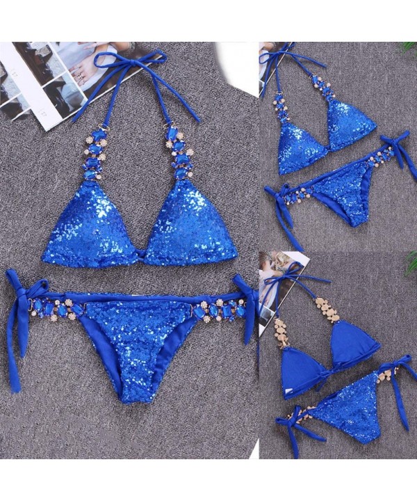 Sexy Sequins Rhinestone Bra Briefs Bikini Set Women Summer Swimwear Bathing Suit - Pink S - Greenl - CD198XZQ4MQ $20.41-Sets