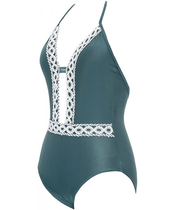 Retro One Piece Swimsuits for Women Sexy Lace Up Plunge Bikini Set Open Back Halter Monokini Pin Up Swimsuit - Celadon - CI19...