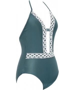 Retro One Piece Swimsuits for Women Sexy Lace Up Plunge Bikini Set Open Back Halter Monokini Pin Up Swimsuit - Celadon - CI19...