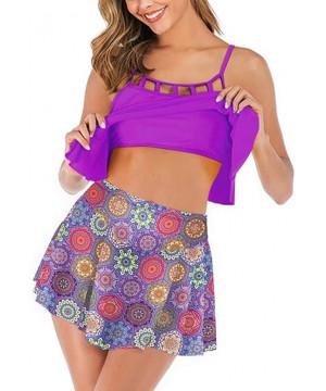 Women Tankini Set with High Waisted Pantskirt Bikini Set Push Up Printed Ruffled Swimsuit Swimwear - Purple - CD18UNQ2ZSY $16...