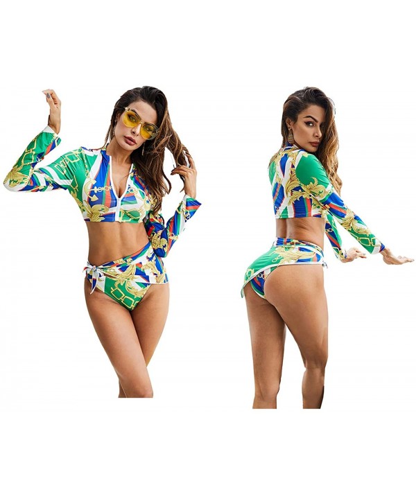 Long Sleeve 3 Piece Bikini High Waisted UV Protection Zipper Swimsuit Bathing Suits for Womens - Green - CP18RE3DCN6 $13.68-Sets