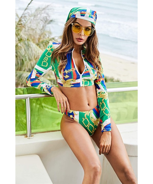 Long Sleeve 3 Piece Bikini High Waisted UV Protection Zipper Swimsuit Bathing Suits for Womens - Green - CP18RE3DCN6 $13.68-Sets