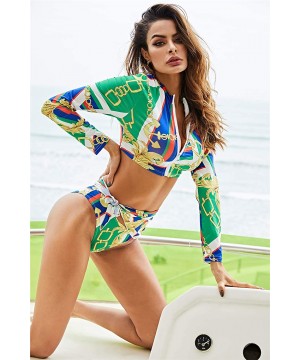 Long Sleeve 3 Piece Bikini High Waisted UV Protection Zipper Swimsuit Bathing Suits for Womens - Green - CP18RE3DCN6 $13.68-Sets