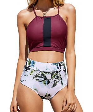 Womens High Waisted Swimsuits Halter Bikini Set Summer Two Piece Criss Cross Midkini Leaf Print Beach Swimwear Red Wine - CA1...