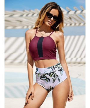 Womens High Waisted Swimsuits Halter Bikini Set Summer Two Piece Criss Cross Midkini Leaf Print Beach Swimwear Red Wine - CA1...