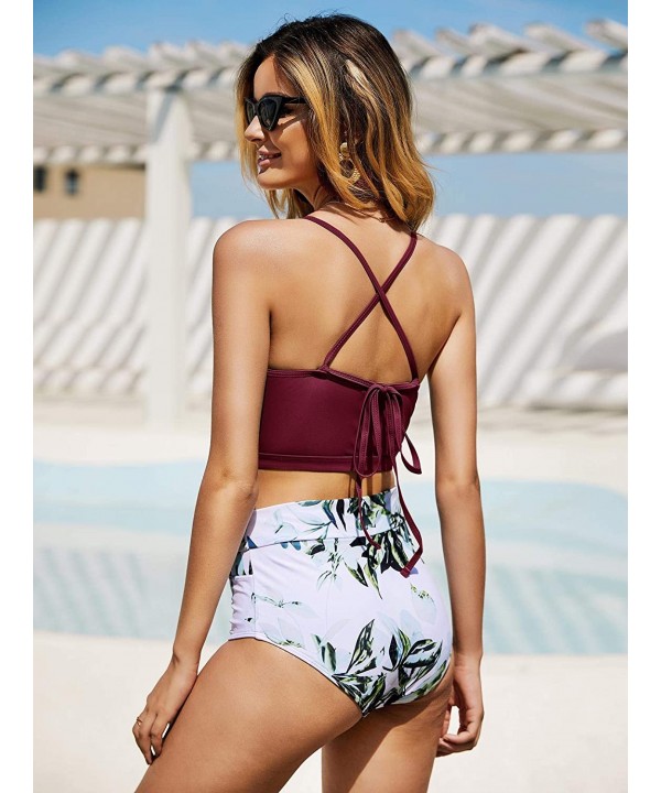 Womens High Waisted Swimsuits Halter Bikini Set Summer Two Piece Criss Cross Midkini Leaf Print Beach Swimwear Red Wine - CA1...