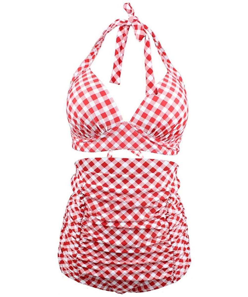 Women 2 Pcs Swimwear Halter High Waist Bikini Set Beach Bathing Suit Swimsuit - Pink Plaid - CS1996Y7XSC $34.30-Sets