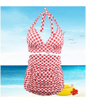 Women 2 Pcs Swimwear Halter High Waist Bikini Set Beach Bathing Suit Swimsuit - Pink Plaid - CS1996Y7XSC $34.30-Sets