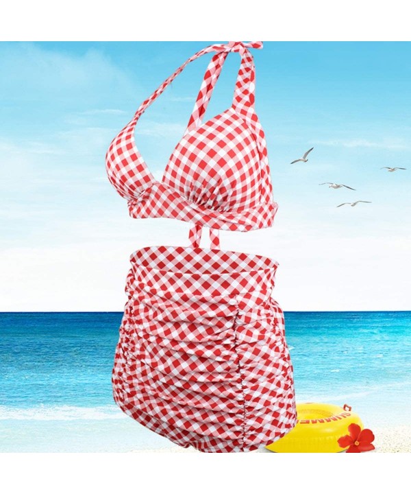 Women 2 Pcs Swimwear Halter High Waist Bikini Set Beach Bathing Suit Swimsuit - Pink Plaid - CS1996Y7XSC $34.30-Sets