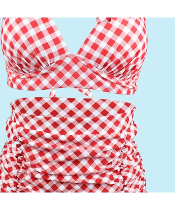 Women 2 Pcs Swimwear Halter High Waist Bikini Set Beach Bathing Suit Swimsuit - Pink Plaid - CS1996Y7XSC $34.30-Sets