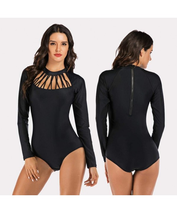 Women One Piece Swimsuits Long Sleeve Rashguard UPF 50+ Sun Protection Bathing Suit Striped/Leaf Printed Swimwear - Black 4 -...