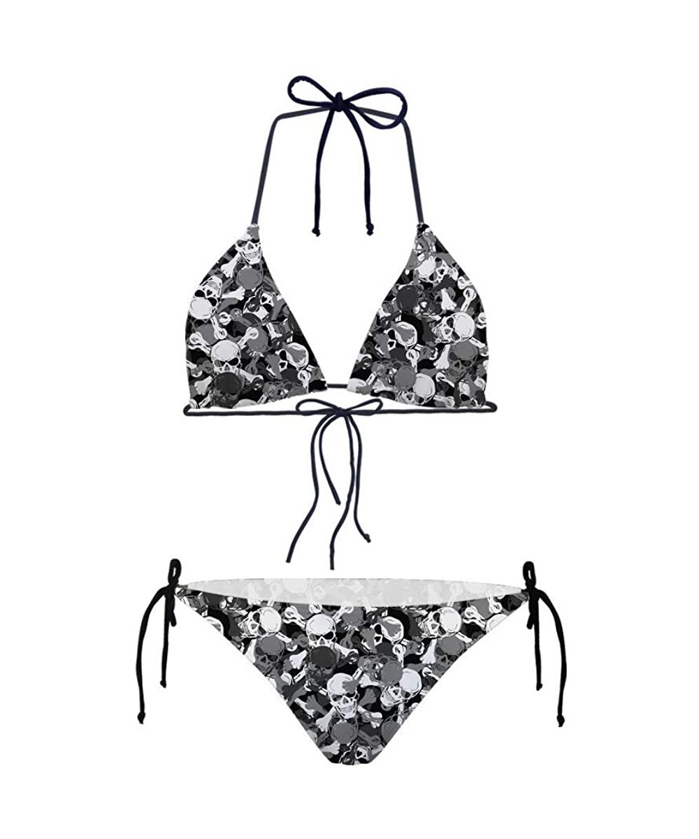 Air Mesh Push Up Padded Triangle Halter Bikini Set Two Piece Beach Outdoor Swimsuits - Skull-7 - CM18O4UUSCN $26.40-Sets