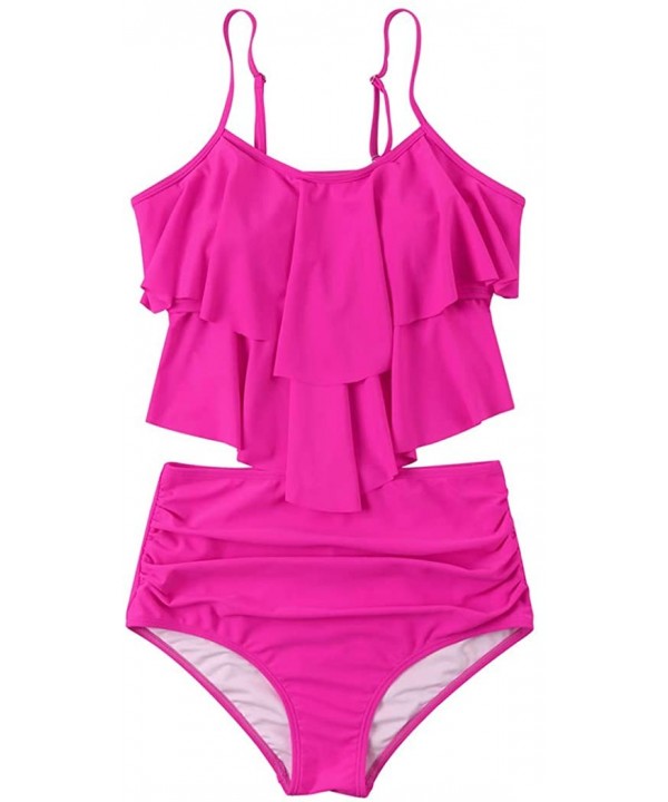 Women Sexy Ruffle High Waisted Swimsuits 2 Piece Spaghetti Straps Tankini Bathing Suits - 23 Hot Pink - CB1949Z38T7 $21.84-Sets