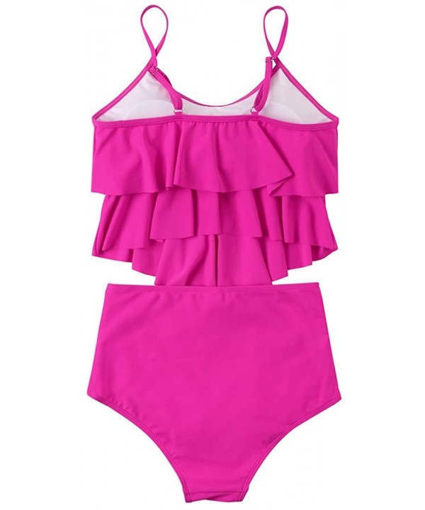 Women Sexy Ruffle High Waisted Swimsuits 2 Piece Spaghetti Straps Tankini Bathing Suits - 23 Hot Pink - CB1949Z38T7 $21.84-Sets