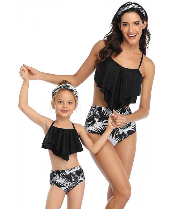 Girls Kids Swimsuit Two Pieces Bikini Set Ruffle Falbala Swimwear Bathing Suits Swimwear - Black + Coconut Leaves - C6190SO8N...