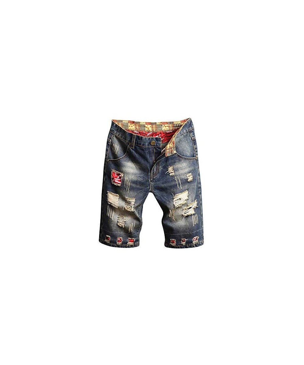 Sports Pants Gym Cargo Beach Shorts Men's Casual and Loose Broken Hole Stitching Drape Characteristic Foot Denim Shorts - Gra...