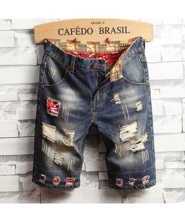 Sports Pants Gym Cargo Beach Shorts Men's Casual and Loose Broken Hole Stitching Drape Characteristic Foot Denim Shorts - Gra...