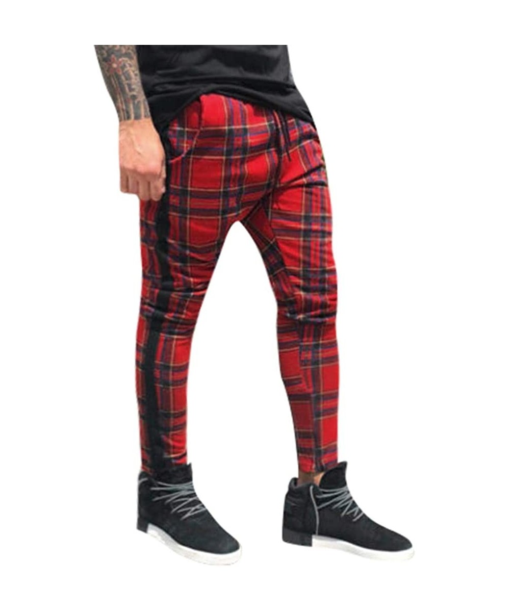 Men's Straight-fit Wrinkle-Resistant Flat-Front Chino Lattice Pant with Pocket - Red - CO18QRTHSZ7 $18.18-Trunks