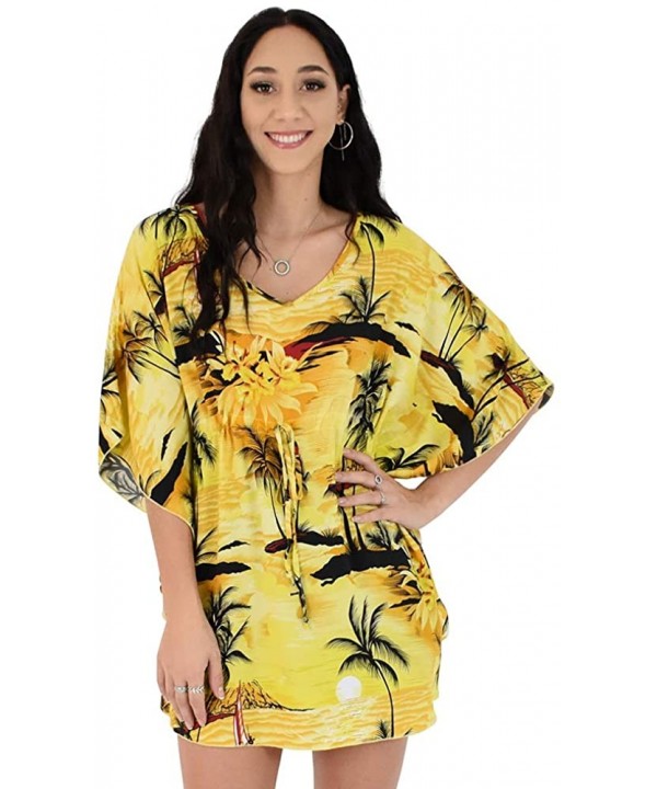 Ladies Short Kaftan Hawaiian Sunset Print Floral Beach Cover Up - Yellow - C118AQNC89L $28.49-Cover-Ups