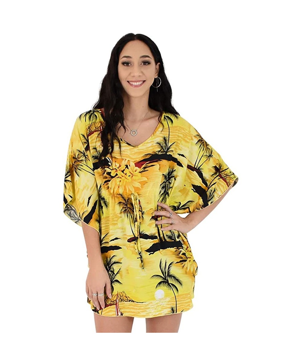 Ladies Short Kaftan Hawaiian Sunset Print Floral Beach Cover Up - Yellow - C118AQNC89L $28.49-Cover-Ups